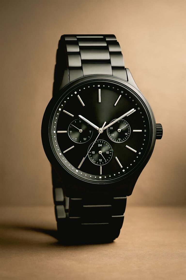 A sleek black chronograph wristwatch with a stainless steel band and three sub-dials, presented on a premium dark gradient background. The watch is shown head-on in high photorealistic quality, emphasizing its metallic shine, clean lines, and luxury finish.