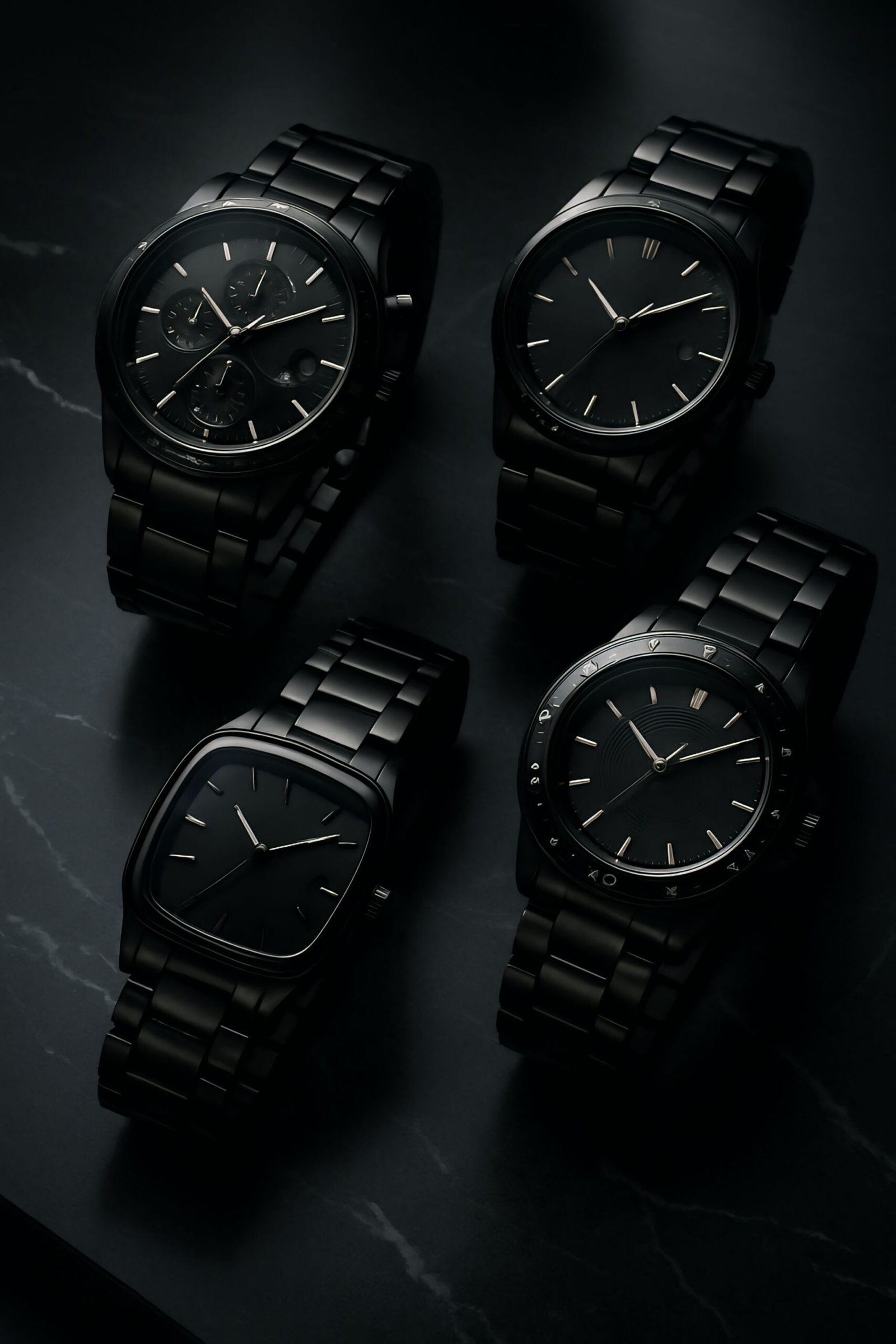 a group of black wrist watches