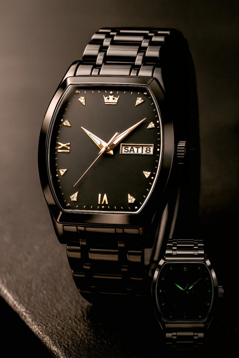 a black watch with a gold face