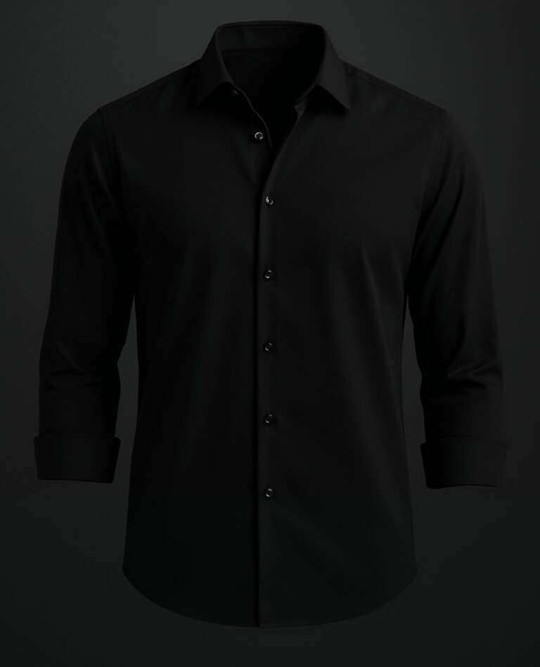 A plane black shirt with a premium dark background.