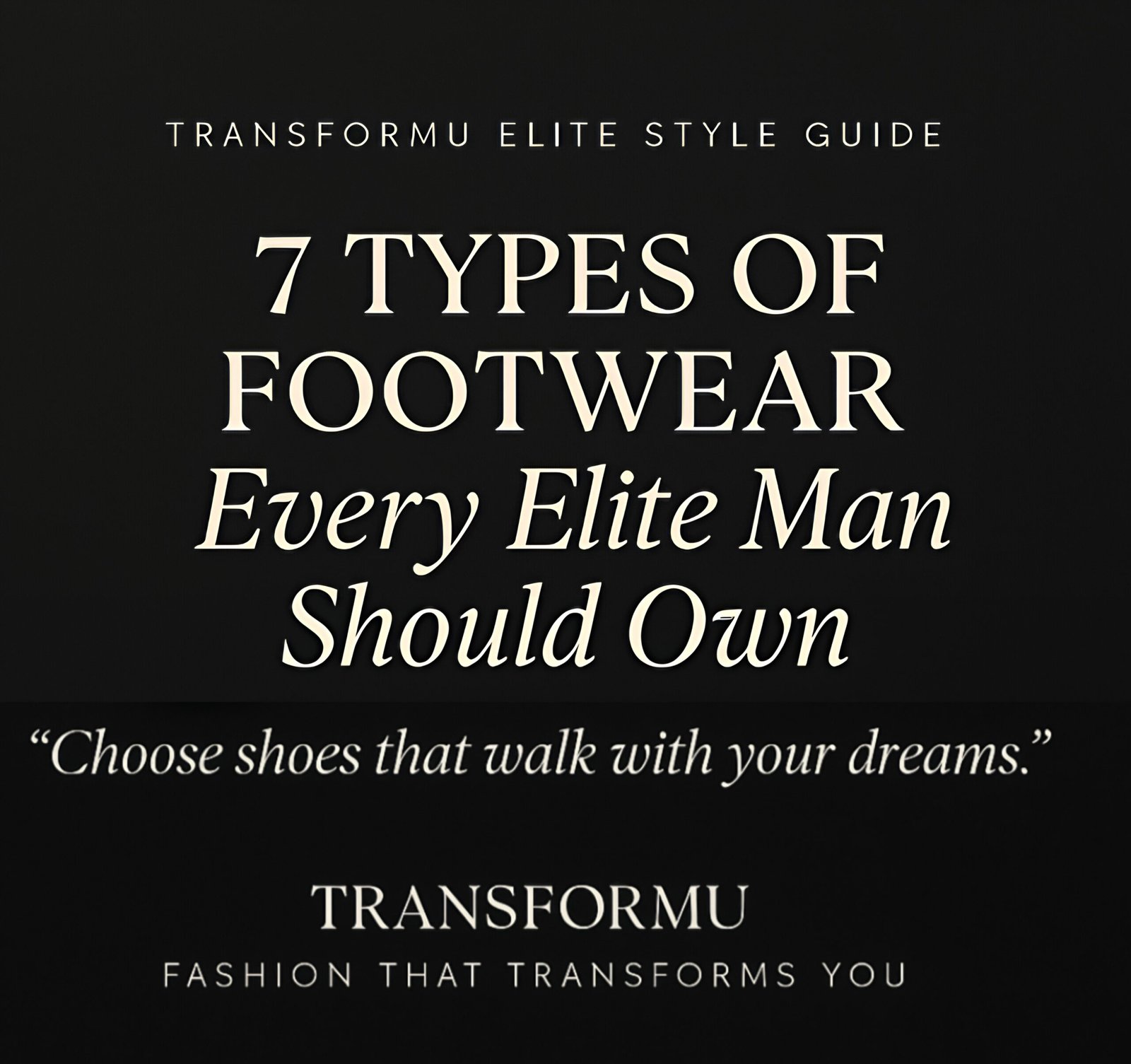 A premium black and white graphic featuring the title "7 Types of Footwear Every Elite Man Should Own" in elegant serif fonts. The top reads “TransformU Elite Style Guide,” while the bottom includes the quote “Choose shoes that walk with your dreams.” The TransformU brand tagline, "Fashion That Transforms You," is displayed at the bottom center. The design uses high-contrast typography to evoke class, transformation, and luxury.
